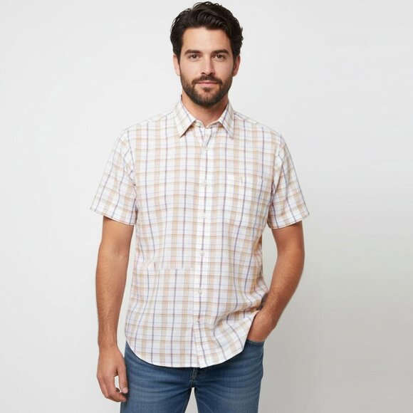 Vintage Sears The Men's Store Plaid Short Sleeve Button Down Shirt White Beige - Picture 1 of 12